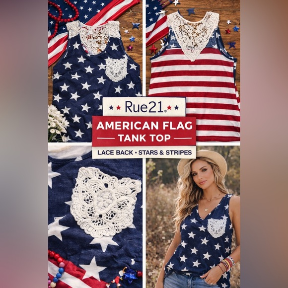 Rue21 Tops - Rue21 American Flag Tank‎ Top Lace Back Stars & Stripes Patriotic Boho